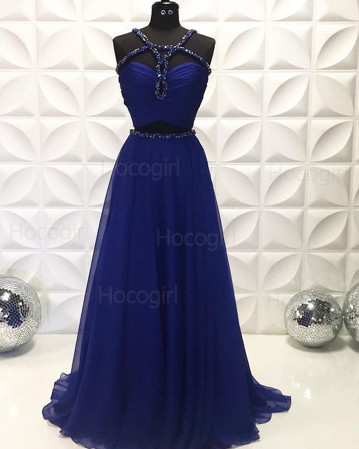 Shop two piece navy blue beading ruched chiffon prom dress from ...