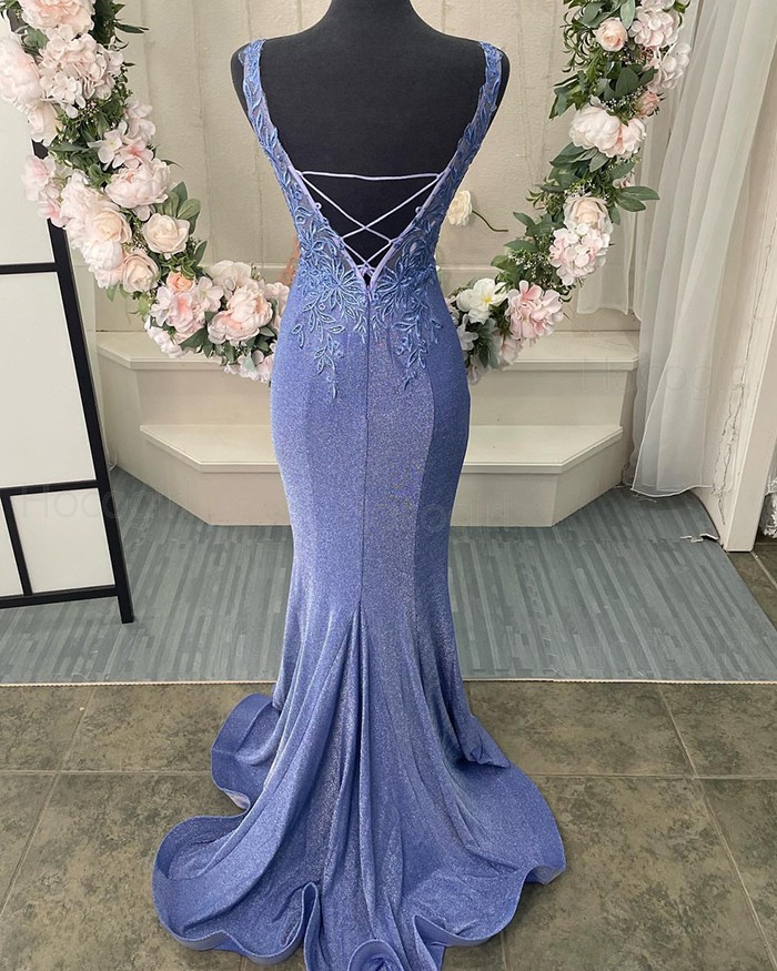 Shop v-neck blue lace bodice metallic mermaid prom dress from Hocogirl.com