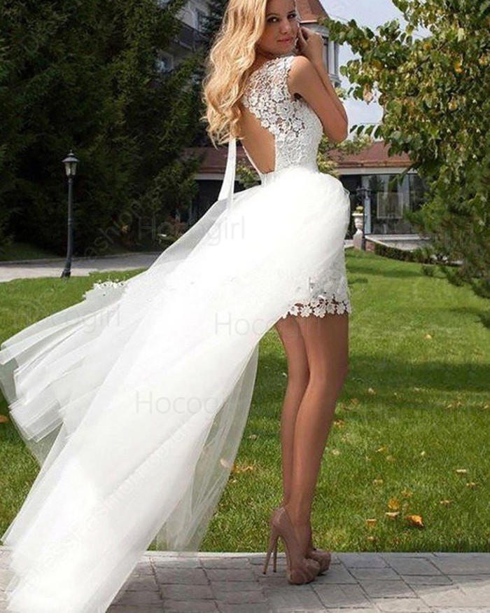 Shop jewel lace short white wedding dress with detachable skirt