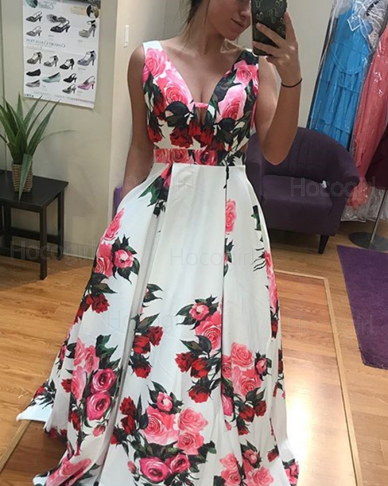 Long Floral Print Satin Prom Dress with Pockets PD1019