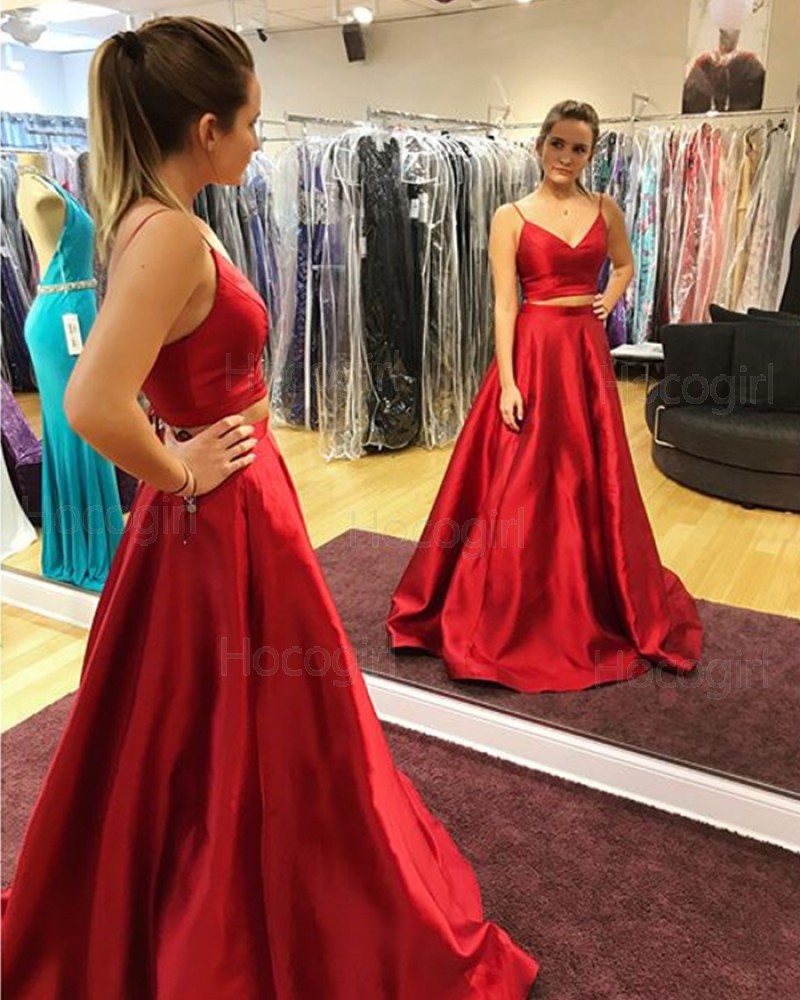 Two Piece Spaghetti Straps Satin Red Prom Dress with Pockets PD1024