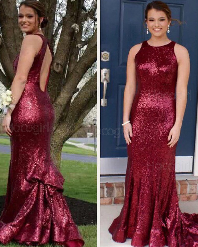 Jewel Mermaid Rose Red Sequined Mermaid Prom Dress with Open Back PD1028