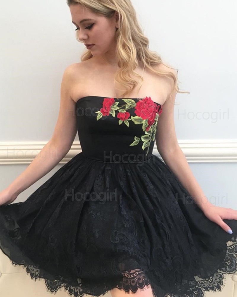 Strapless Black Appliqued Bodice Short Homecoming Dress with Lace Skirt HD3002