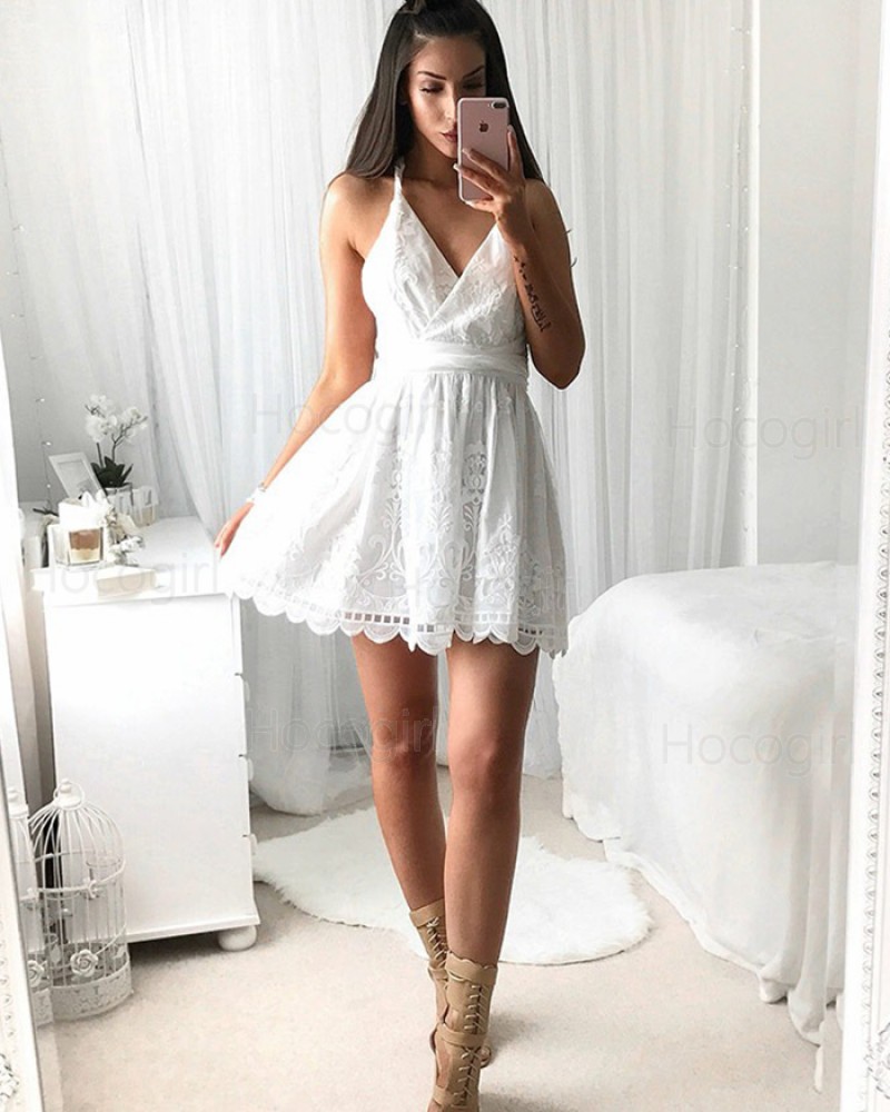 Elegant Spaghetti Straps White Lace Pleated Short Homecoming Dress HD3042