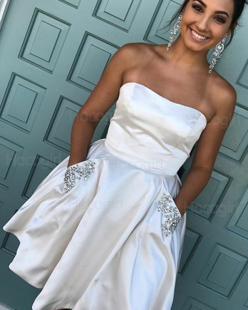 Strapless Ivory Satin Short Homecoming Dress with Beading Pockets HD3073