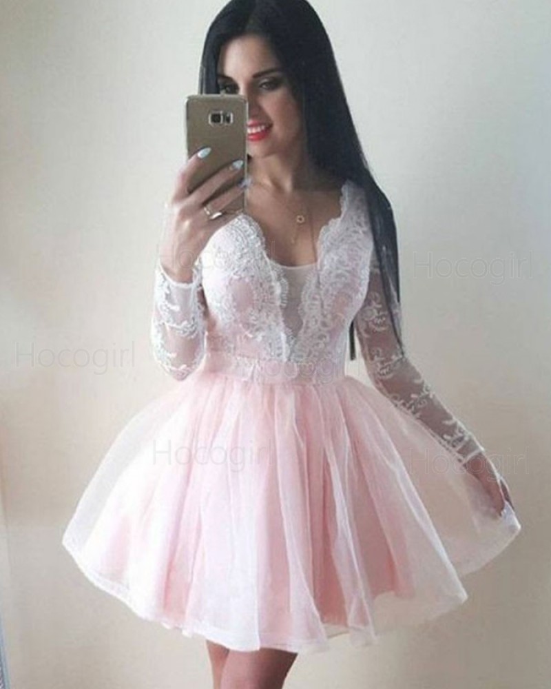 V-neck Pearl Pink Lace Bodice Homecoming Dress with Long Sleeves HD3131
