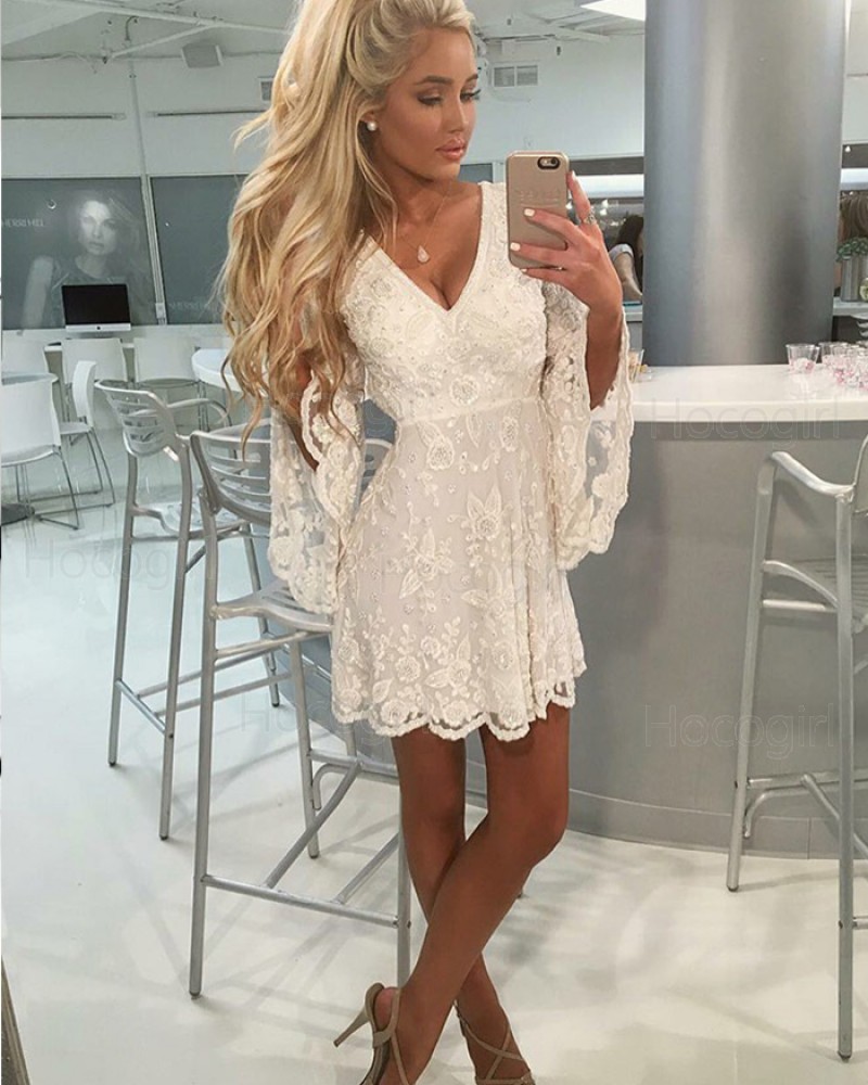 A-line Ivory V-neck Lace Homecoming Dress with Bell Sleeves HD3179