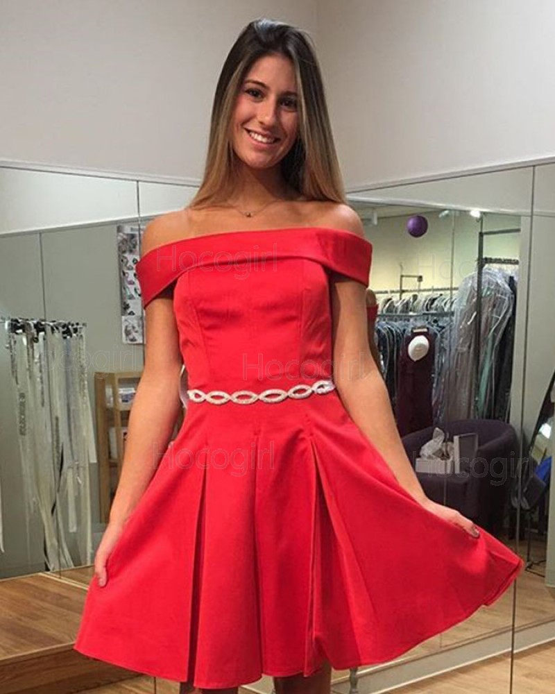 Simple Off the Shoulder Red Satin Homecoming Dress HD3255
