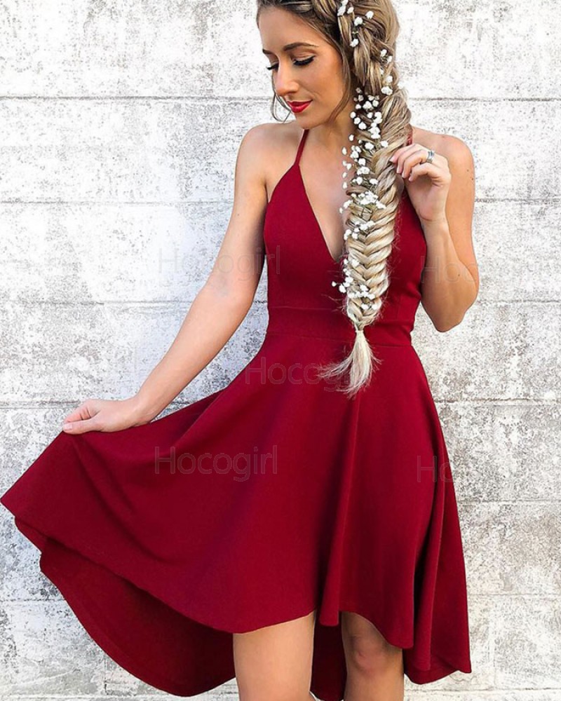 Halter Simple Satin Red High Low Homecoming Dress HD3257