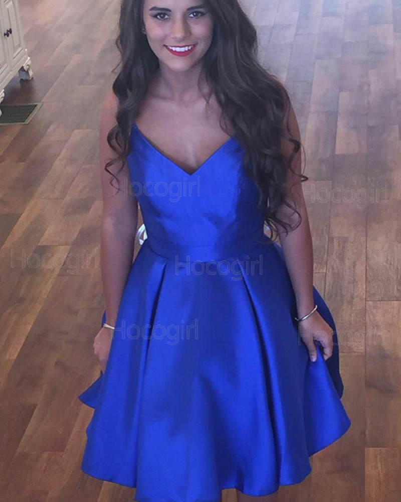 Simple V-neck Royal Blue Pleated Homecoming Dress with Pockets HD3292
