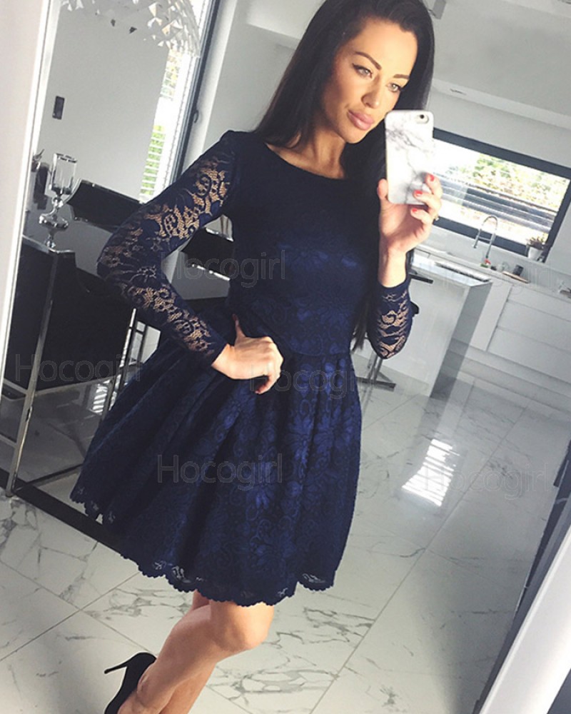 Jewel Navy Blue Lace A-line Homecoming Dress with Long Sleeves HD3324