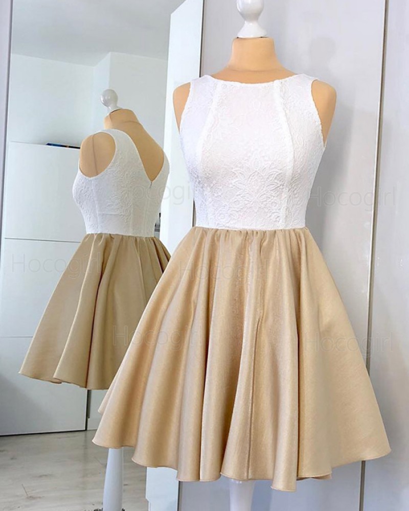 Jewel White and Brown Lace Bodice Homecoming Dress with Pleating HD3329