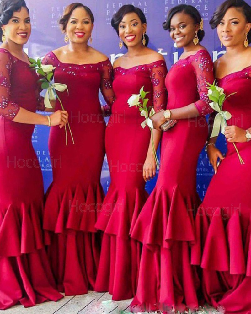 Off the Shoulder Red Beading Satin Mermaid Bridesmaid Dress with 3/4 Length Sleeves BD2023