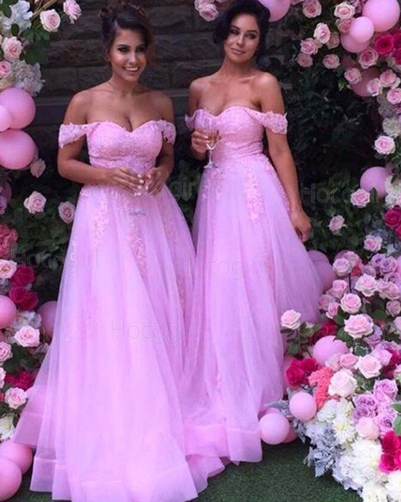 Off the Shoulder Lace Appliqued Blush Pink Tulle Bridesmaid Dress BD2034