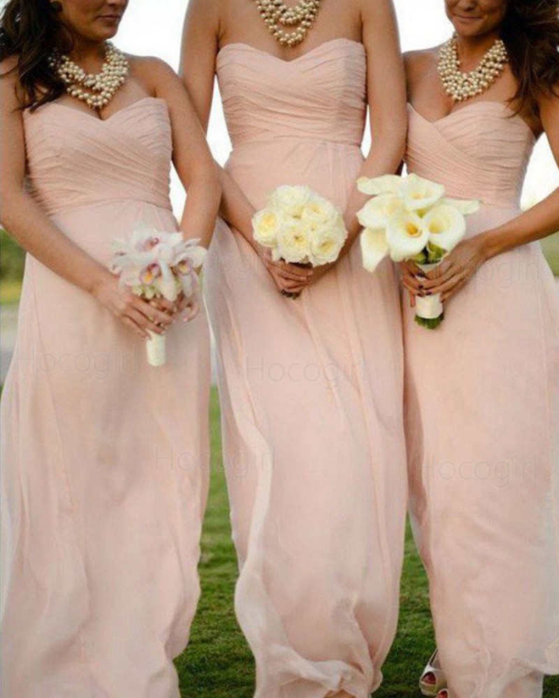 Sweetheart Ruched Pink Chiffon Simple Long Bridesmaid Dress BD2065