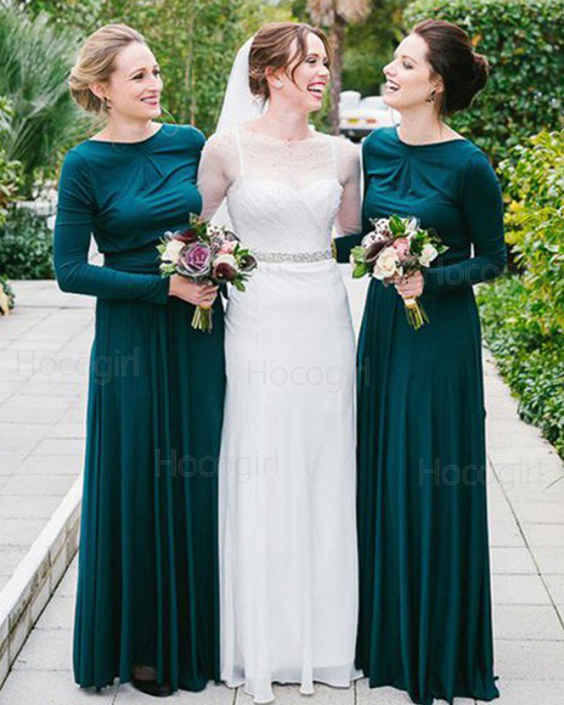 Jewel Dark Green Pleated Long Bridesmaid Dress with Long Sleeves BD2081