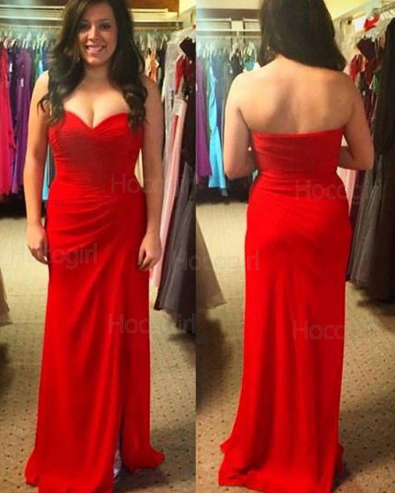 Sweetheart Ruched Red Simple Long Bridesmaid Dress BD2091