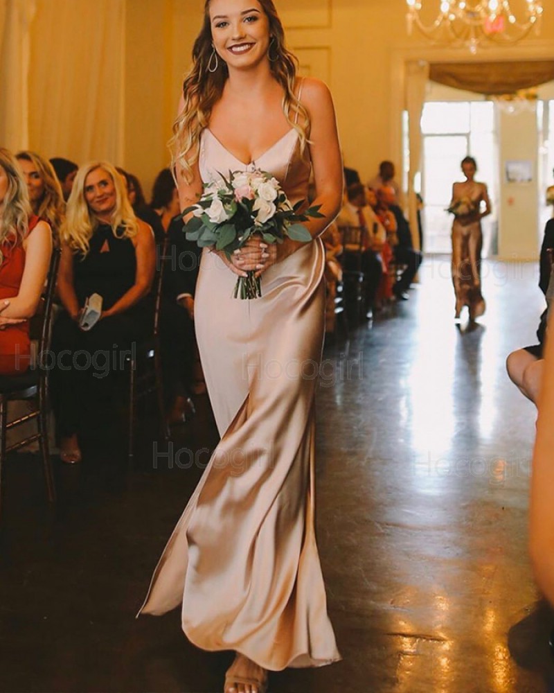 Simple Spaghetti Straps Champagne Bridesmaid Dress with Middle Slit