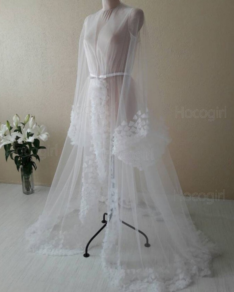 V-neck White Tulle Long Sleeved Bridal Boudoir Robe with 3D Flowers BR005
