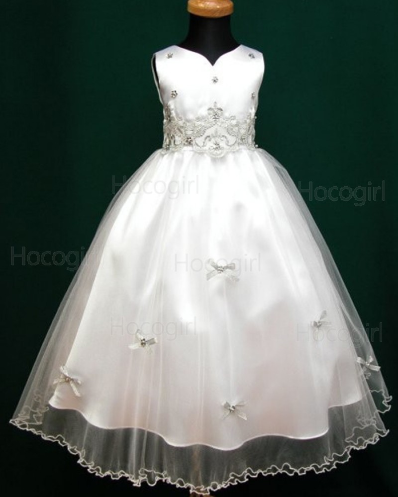 V-neck Tulle White Beading Appliqued Tea Length First Communion Dress FC0007