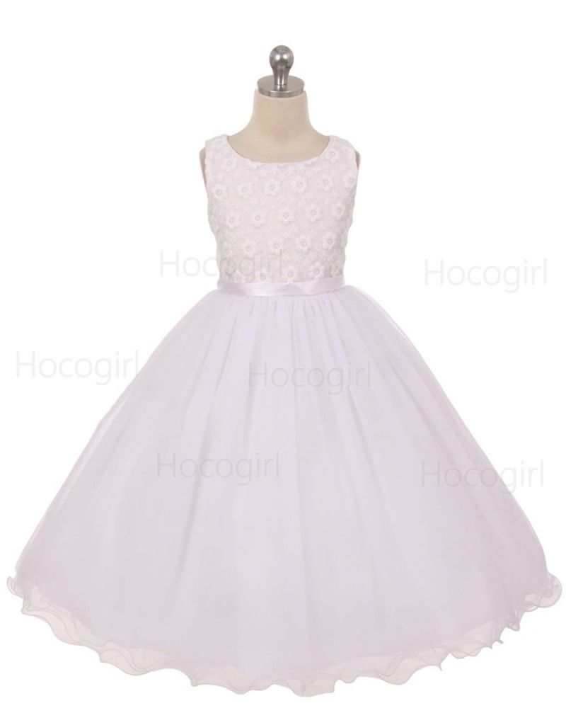 Scoop Lace Bodice White Tulle First Communion Dress with Bowknot FC0012