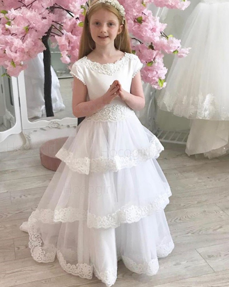 White Jewel Neck First Communion Dress with Layered Skirts FG1021