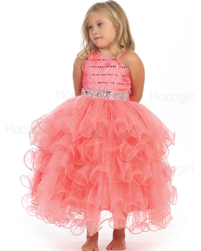 Pink Asymmetric Beading Ruffled Girls Pageant Dress