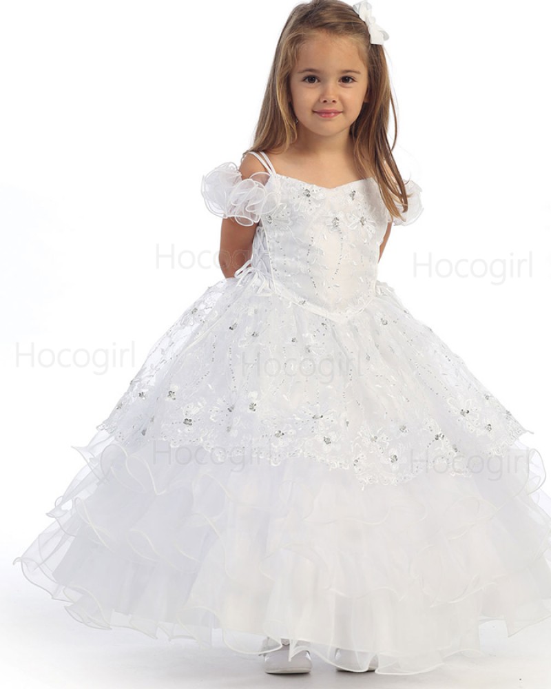 Cold Shoulder Beading White Ball Gown Girls Pageant Dress