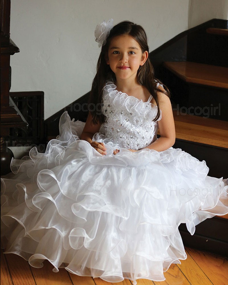 Ruffled White Asymmetric Beading Ball Gown Pageant Dress for Girls