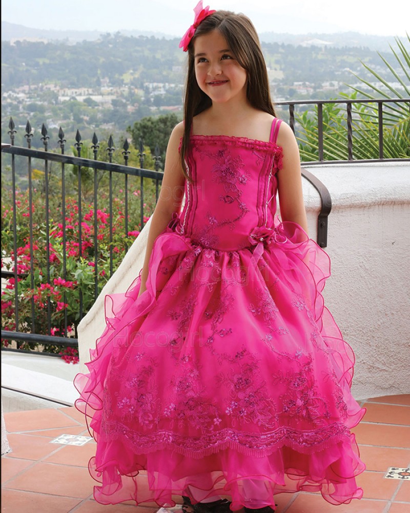 Double Spaghetti Straps Red Appliqued Ball Gown Pageant Dress for Girls