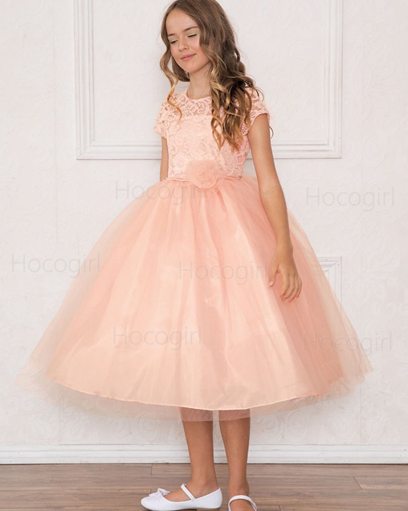 Round Neck Pink Lace Bodice Girls Pageant Dress with Short Sleeves
