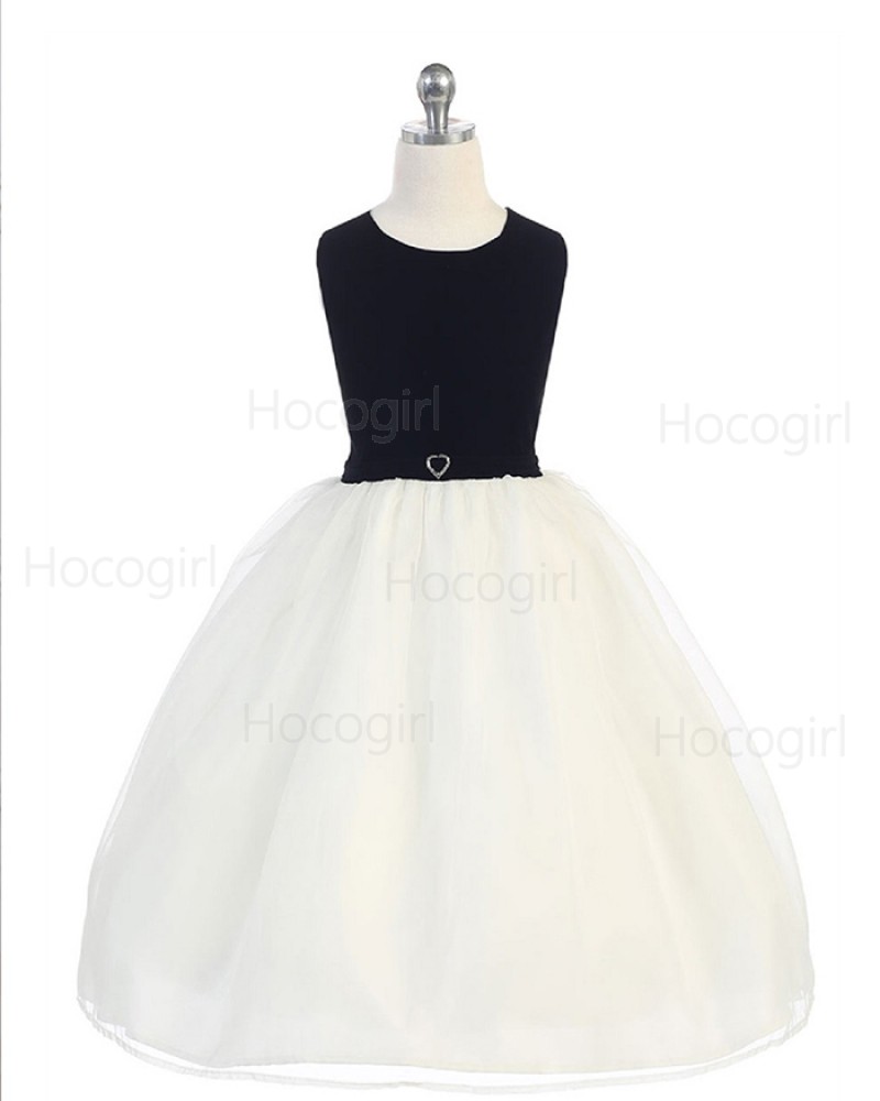 Black and White Simple Tulle Girls Dress with Bowknot