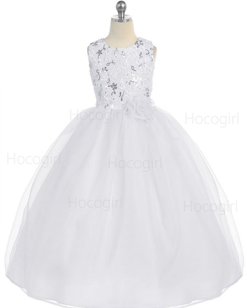 Sequined Ivory A-line Girls Pageant Dress with Flower