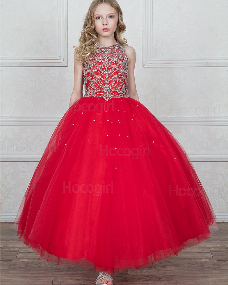 High Neck Beading Red Tulle Girls Pageant Dress