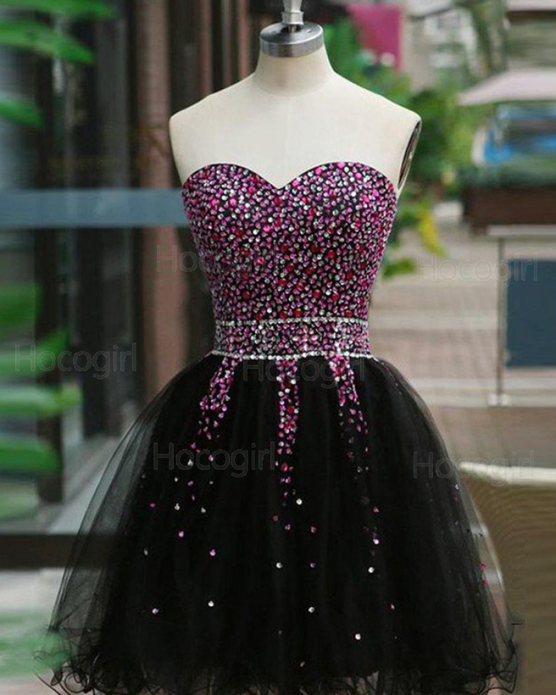 Sweetheart Beading Homecoming Dress with Black Tulle Skirt HD3375