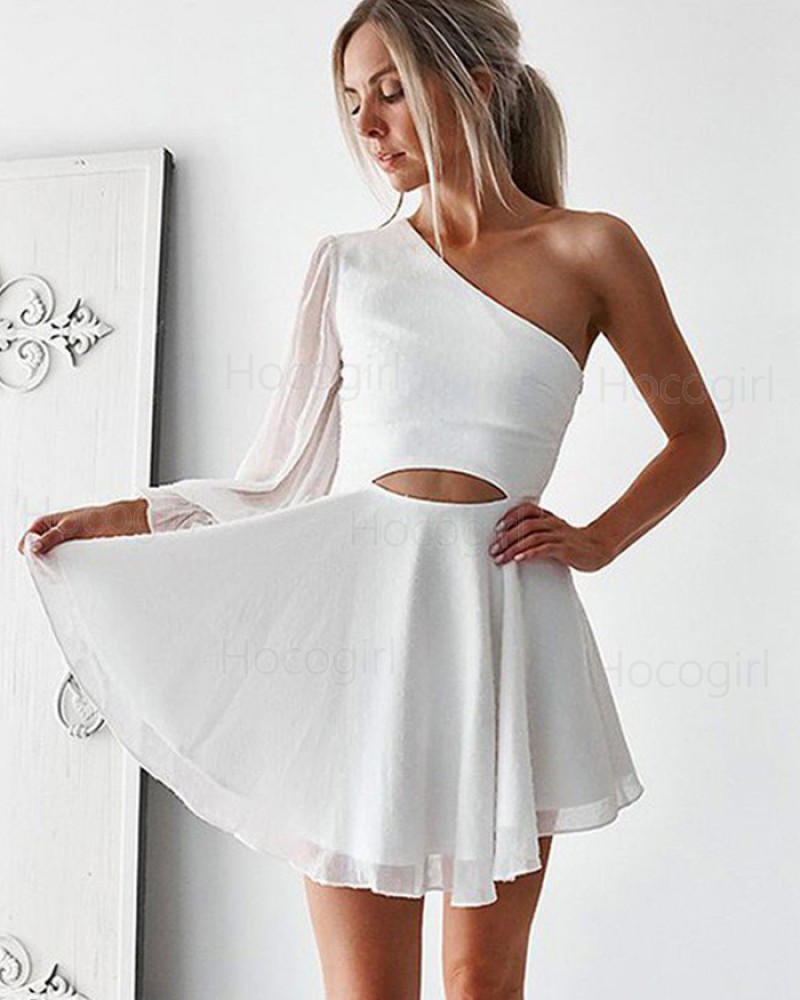 White One Shoulder Cutout Chiffon Homecoming Dress with Long Sleeve HD3379