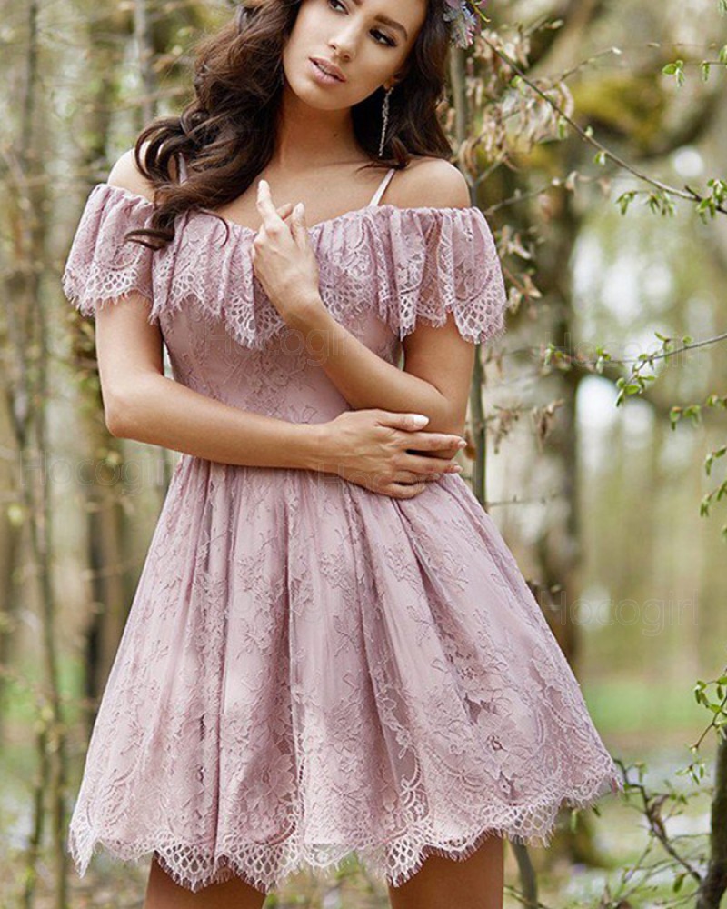 Spaghetti Straps Lace Pleated Lavender Homecoming Dress HD3382