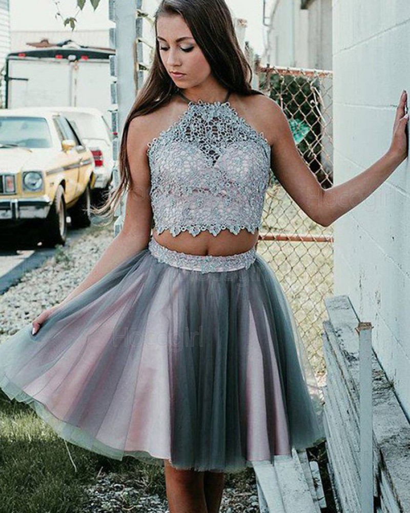 Halter Neck Pink and Grey Two Piece Lace Bodice Homecoming Dress HD3384