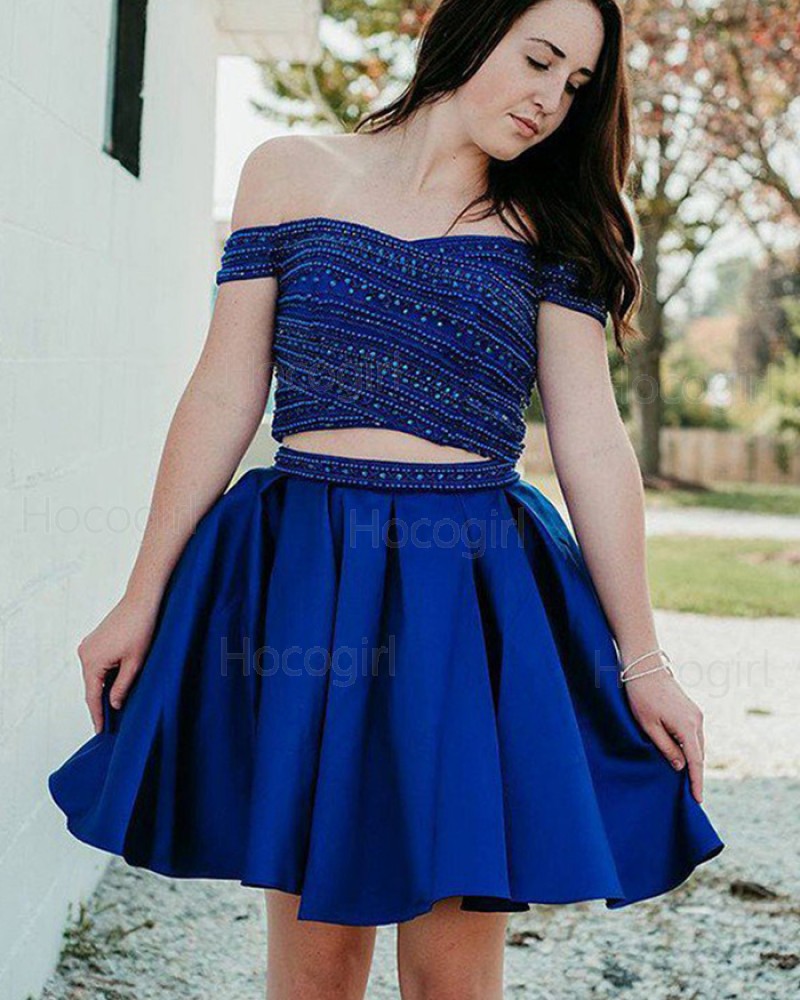 Off the Shoulder Blue Beading Two Piece Pleated Homecoming Dress HD3410