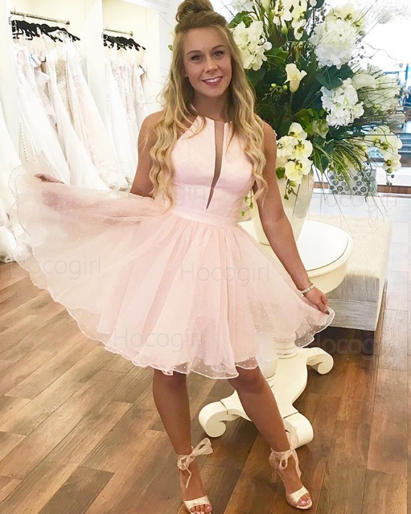 Jewel Neck Pearl Pink A-line Homecoming Dress with Polka Dot Skirt HD3482