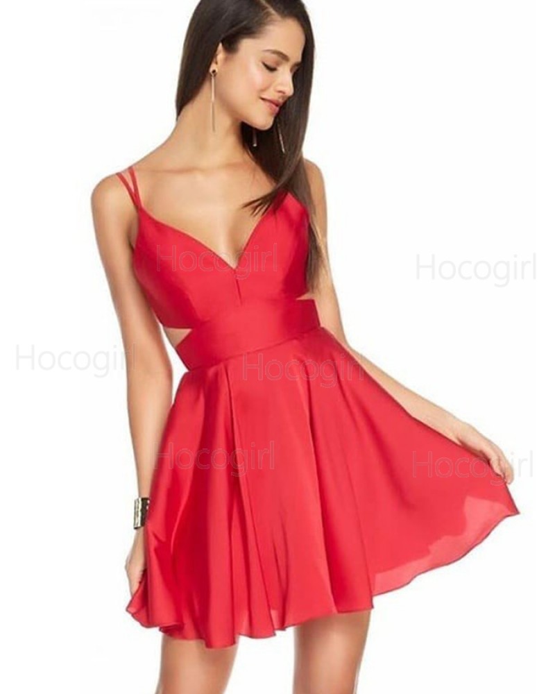 Double Spaghetti Straps Red Cutout Simple Homecoming Dress HD3530