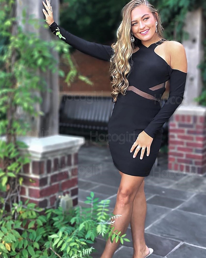 Cold Shoulder Black Bodycon Party Dress with Long Sleeves HD3538