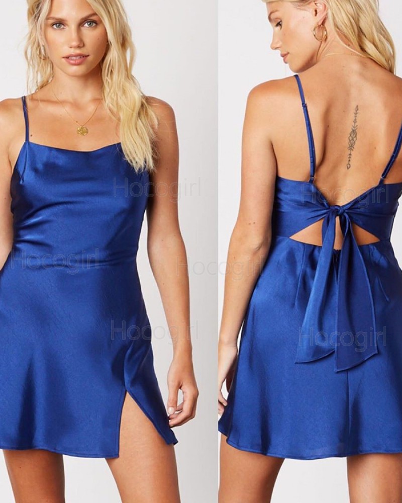 Spaghetti Straps Royal Blue Simple Homecoming Dress with Side Slit HD3551