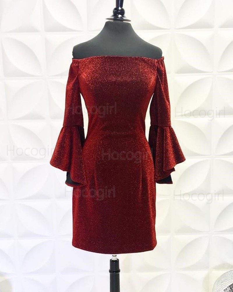 Burgundy Off the Shoulder Metallic Tight Homecoming Dress with Bell Sleeves NHD3558