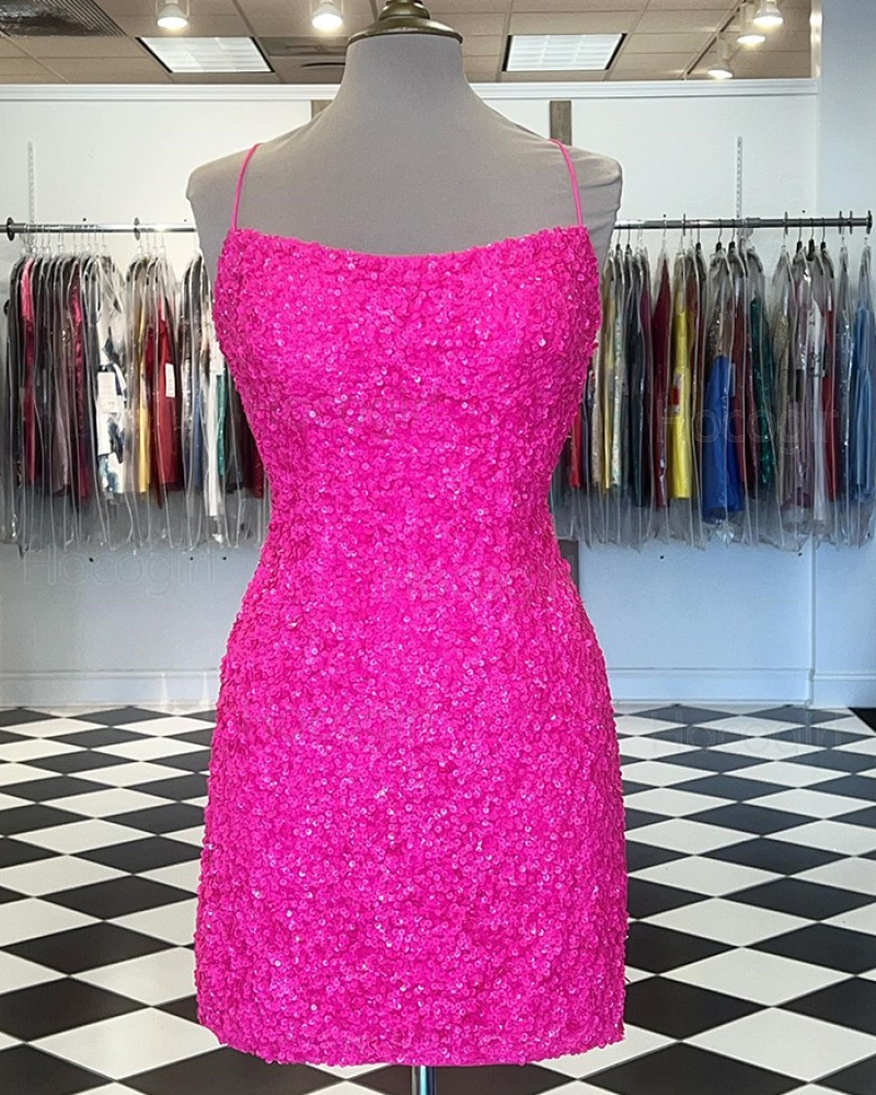 Spaghetti Straps Pink Sequin Tight Homecoming Dress HD3660
