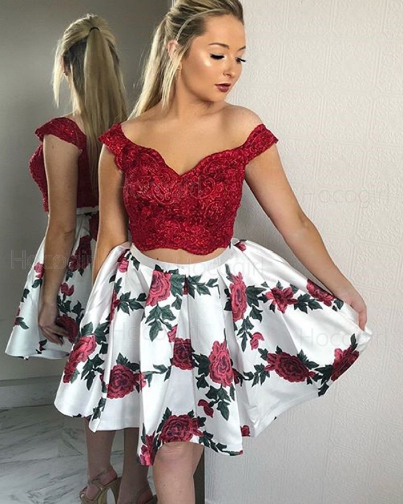 Off the Shoulder Lace Bodice Two Piece Homecoming Dress with Print Skirt HDQ3434