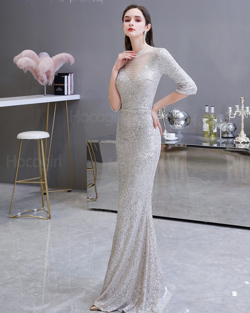 High Neck Silver Sequin Mermaid Evening Dress with Half Length Sleeves HG26454
