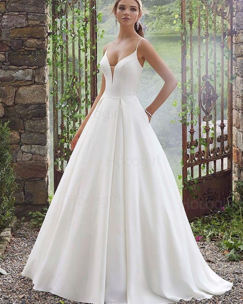 Simple Spaghetti Straps White Pleated Wedding Dress with Pockets NWD2101