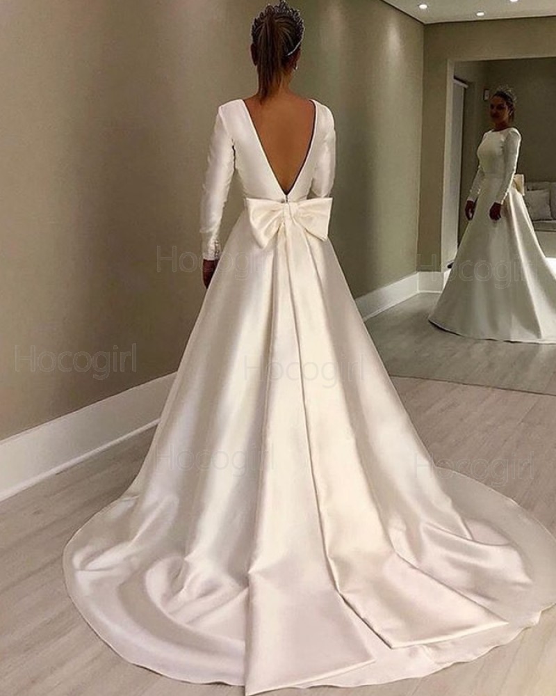 Jewel Satin White A-line Simple Wedding Dress with Long Sleeves NWD2117