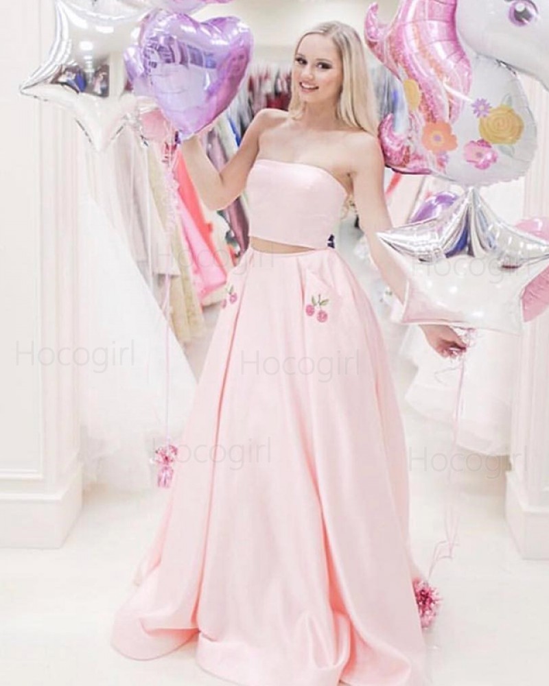Two Piece Light Pink Strapless Satin Prom Dress with Appliqued Pockets PD1624